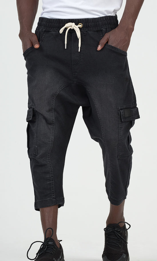  QL Pantacourt Cargo Jeans in Black - QABA'IL,
